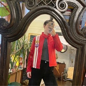 Red puffer racing coat